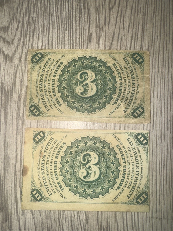 Two 1864-1869 United States Fractional Currency 3 Cent Treasury Currency Note JD - Image 2 of 4