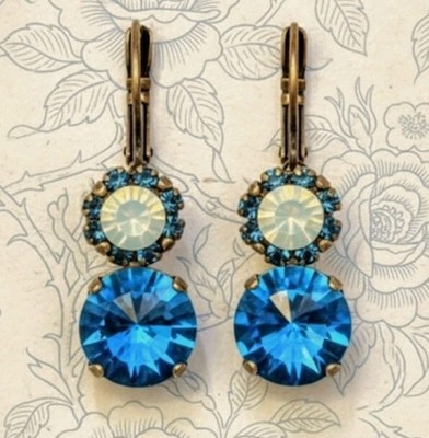 Aquamarine Blue & Pacific Opal Flower By Swarovski In Drop Down Brass Earrings