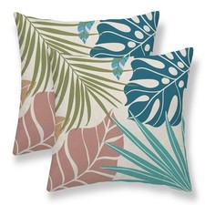 Summer Palm Leaf Pillow Covers 18x18 Set of 2, Pink Teal Blue Tropical Leaf O...