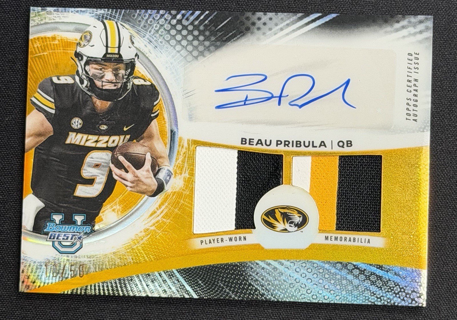 Beau Pribula 2025 Bowman Best Prospect Dual Relic Patch Gold Refractor Auto /50