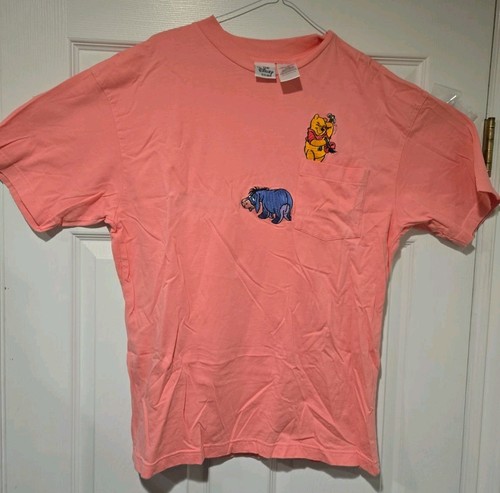 Vintage Disney Winnie The Pooh & Eeyore Embroirded Pink Pocket T-Shirt Size L