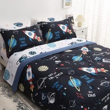 Kids Space Comforter Set Bed in A Bag Full Size 7 Piece 3D Space Rocket Plane...
