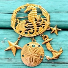 Nautical Charm Brooch Seahorse Anchor Gold Tone Vintage Beach Bag Pin