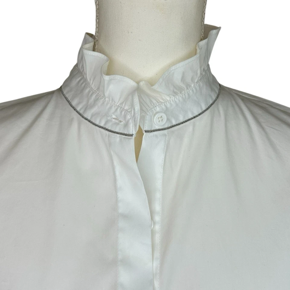 Blusa Lafayette 148 Elastizada Blanca Botón Frontal Volantes Cuello Puño Talla Pequeña Foto 3 de 4