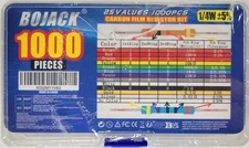 BOJACK 1000 PCS Carbon Film Resistor Kit 25 Values 1/4W +- 5%