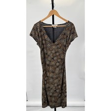 Vtg 1990's Nine West Brown Stretch Geometric Midi Faux Wrap M Dress Retro 90's
