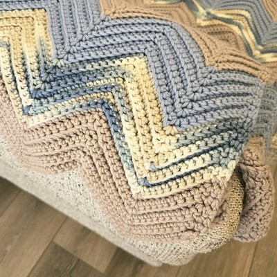Handmade Crochet Afghan Couch Blue Tan Blanket Throw Approx 41x63'' Chevron