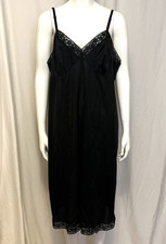 Vintage Vanity Fair Black Nylon Slip Sz 42 L Trimmed w Floral Lace at Hem/Bust