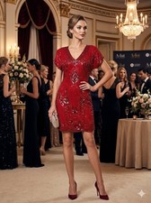 SCALA 1980s Women's Size M Red Floral Beaded Short Sleeve Cocktail Dress Event