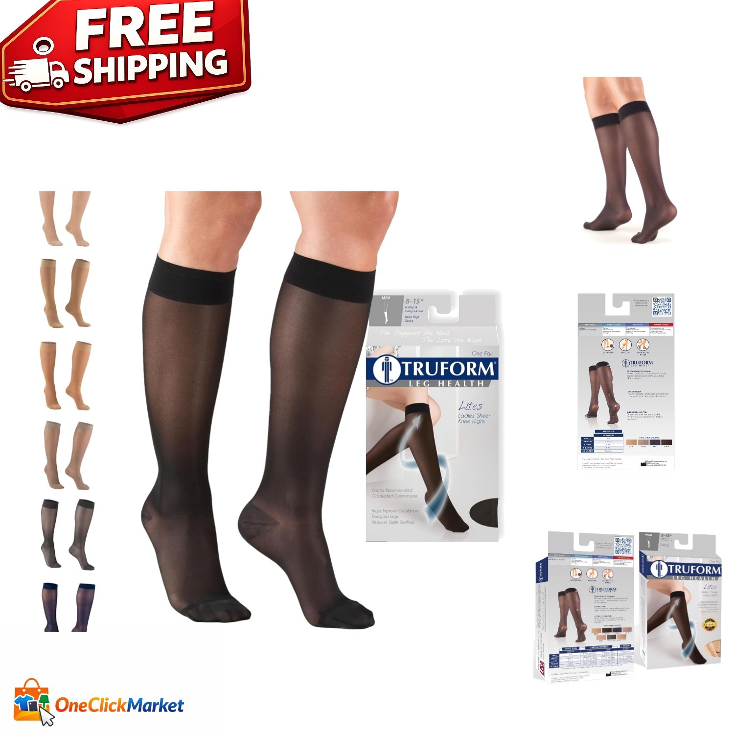 Sheer Compression Stockings 8-15 mmHg - Women's Knee High Support, Black, Medium