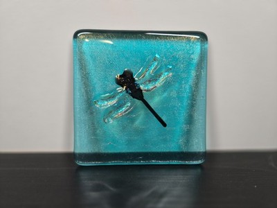 Fused Art Glass Dragonfly Insect Paperweight Square Tile Coaster Blue Clear