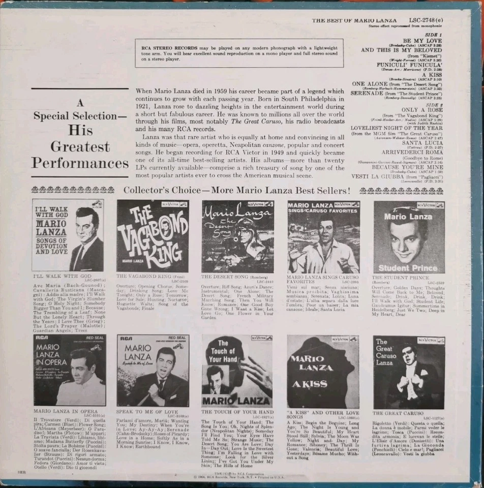Vinyl LP The Best Of Mario Lanza VG LSC-2748(e) US Pop - Image 2 of 4