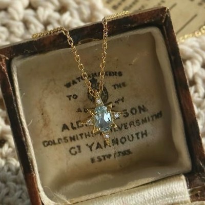 Vintage Starburst Blue Topaz Necklace - Sterling Silver Gold Plated Dainty