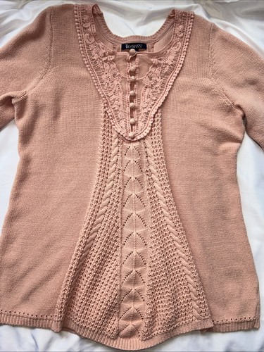 Roamans Woman Pink Lace Yoke Sweater Sz M 14/16 Cottage Core Crochet Coquette - Picture 1 of 16