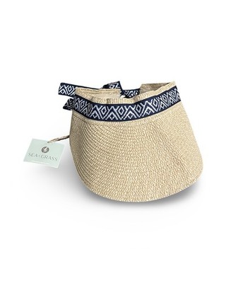 Sea & Grass Straw Sun Visor w Navy Blue & White Ties Beach Golf Pickle Ball Hat