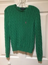 Ralph Lauren Cable Knit Crewneck Sweater Women's Size S Green Pony Logo