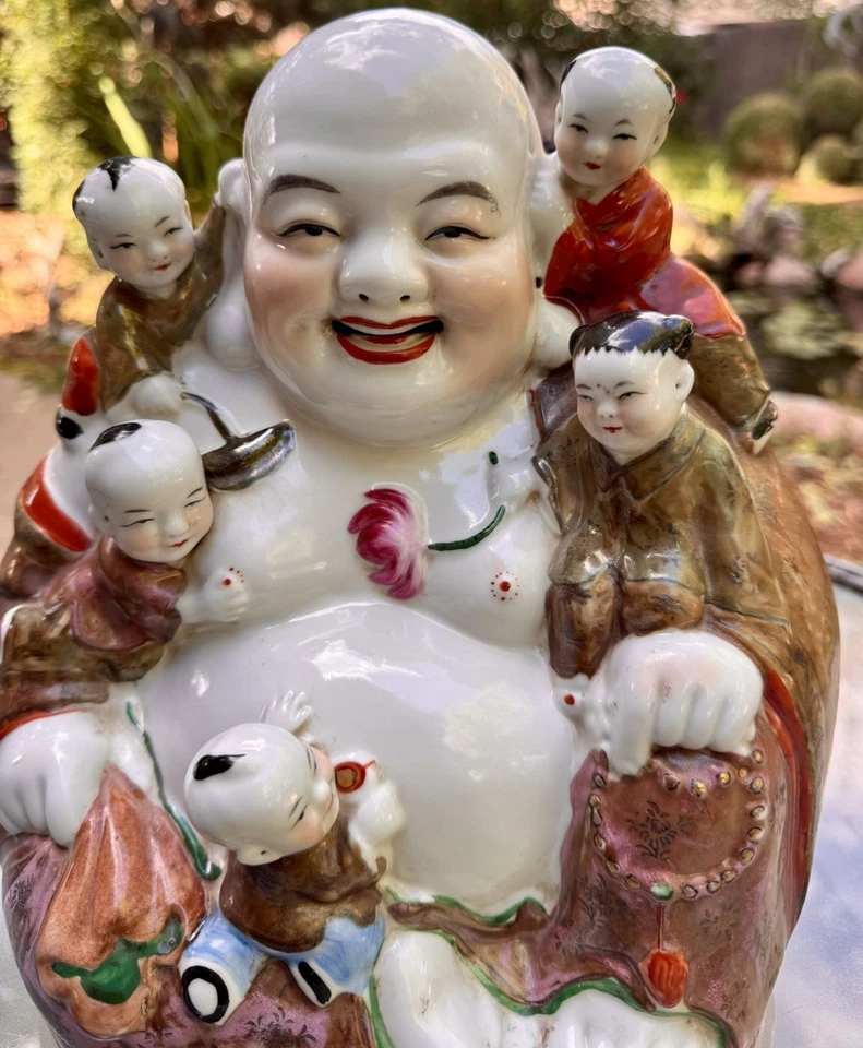 Antique Chinese Porcelain Laughing Buddha Five Children Porcelain Statue Large - Image 2 of 4