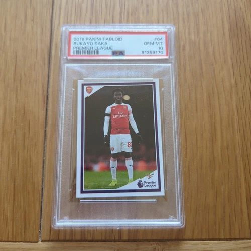 PSA 10 Bukayo Saka Rookie Card 2019 Panini Tabloid Gem Mint Arsenal Sticker #64 