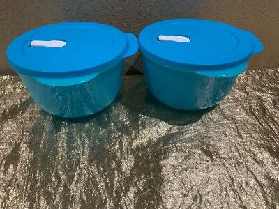 New Tupperware Set of 2 Crystalwave Reheatable Bright Aqua Color Bowls 2L each