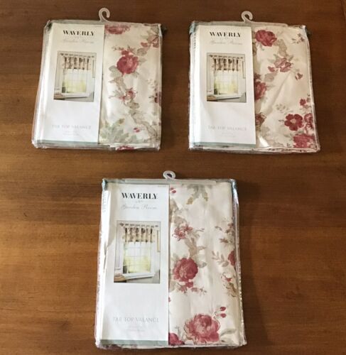 Waverly Vintage Rose ~ 3 Tab Top Valances Red Floral 60”x 17” Garden Room NEW!