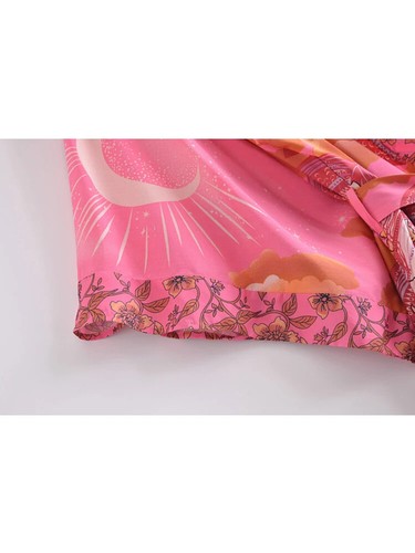 Star and Moon Floral Print Sashes Kimono v Neck Happie Short Robe Cover-Ups - Picture 5 of 10