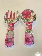 Nicole Miller Tropical Floral Melamine Salad Pasta Serving Set Fork & Spoon New