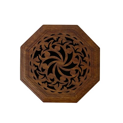 Small Brown Wood Octagonal Carving Storage Accent Box ws2647