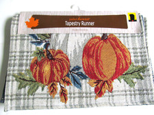 Fall Table Runner Autumn Pumpkins Leaves Plaid Country Tapestry India 13x68" O