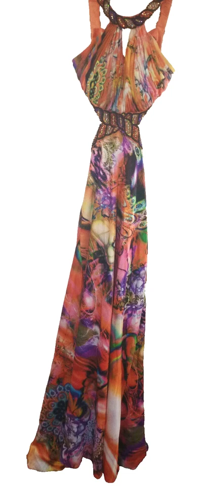 Vestido largo acordeón talla 0 maxi cuentas lentejuelas halter espalda abierta satinado pasarela Foto 4 de 4