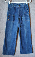 VTG 70s Women's Tour De Force Wide Flare Leg Baggy Jeans Patch Pockets Blue Sz 6