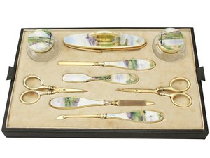 Antique Sterling Silver Cut Glass and Guilloche Enamel Dressing Table Set 1927