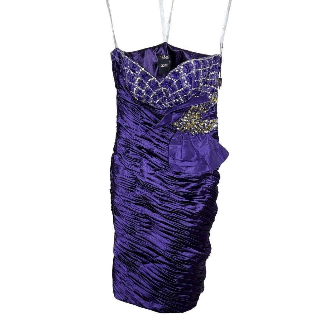 NWT Terani Couture Violet Strapless Cocktail Dress Size 12 Sequins Jewels Pleate