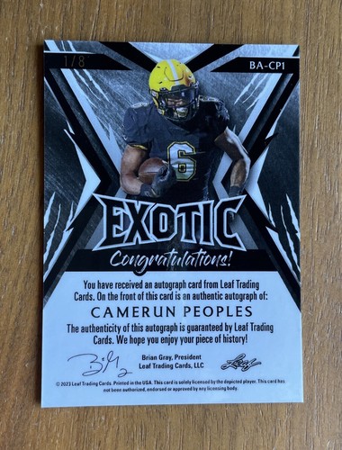 2023 Leaf Exotic Camerun Peoples #BA-CPI 1/8 Auto Football Card - Picture 2 of 4