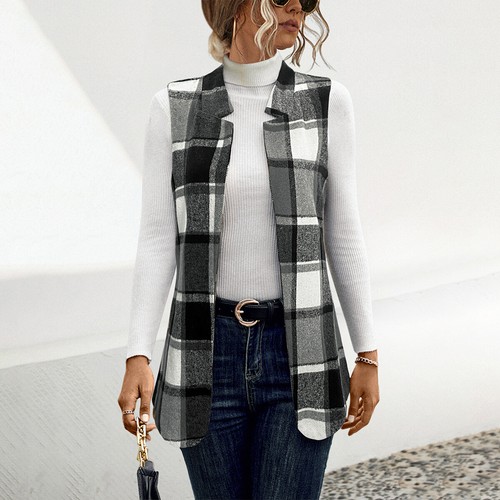 Womens SLEEVELESS CHECKED Fleece OPEN WAISTCOAT Coats TOPS JACKET Cardigans SIZE - Picture 5 of 13