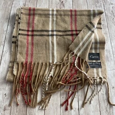 PREOWNED CEJON TAN PLAID FRINGE SCARF ACRYLIC