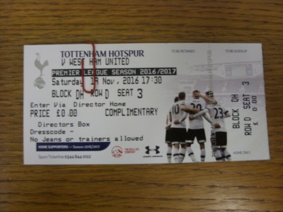 19/11/2016 Ticket: Tottenham Hotspur v West Ham United (complete ...