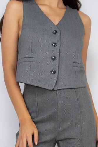 Herringbone V-neck Buttoned Vest Top - 第 4/6 張圖片