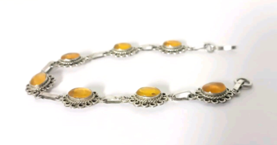 Bracelet Ancien En Argent Massif 925 Avec Cabochons D'ambre Naturel - Occasion