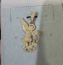 Men 925 Sterling Silver Gold Plated Simulated Diamond Saint Michael Pendant