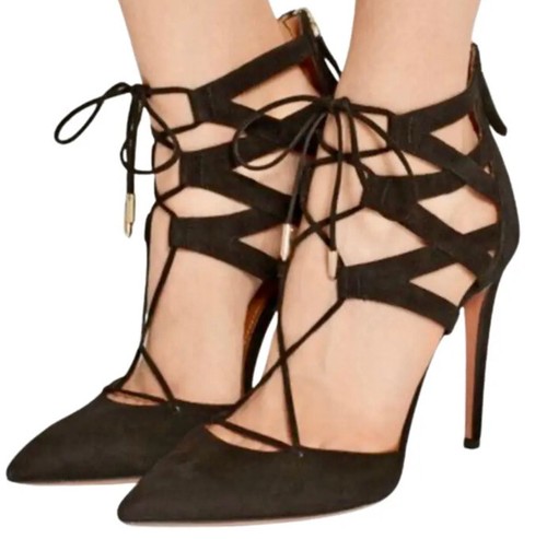 AQUAZZURA Belgravia Heels Suede Lace Up Point Toe Black Strappy Heels Stiletto 8