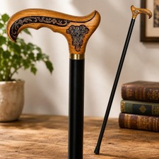 Vintage Wooden Walking Stick with Engraved Wood Handle
