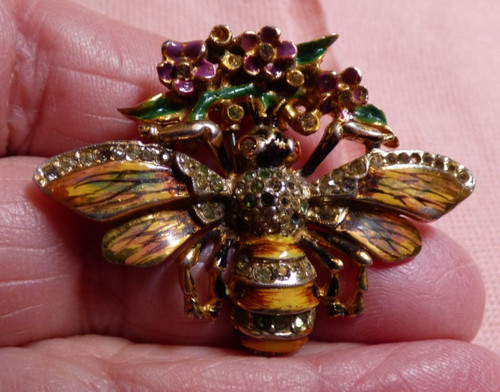Vintage 1940s Coro Craft Sterling Silver Enamel Honey Bee Flowers Fur Pin Clip