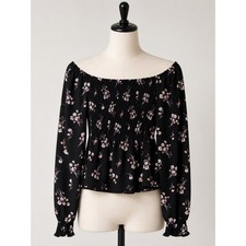 Black Floral Smocked Off The Shoulder Long Sleeve Blouse Top Boho Pink Flowers