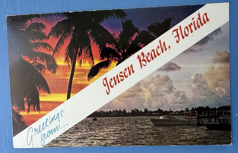 Jensen Beach FL Banner Greetings 1982 Postcard ~ Sunset, Beach