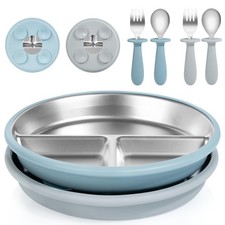 Baby Feeding Set, 2 Pack Stainless Steel Divided Plate with Silicone Suction,...