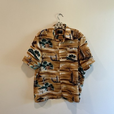 Vintage 70s Van Cort Yellow Gold Hawaiian Shirt Native Print Size Large