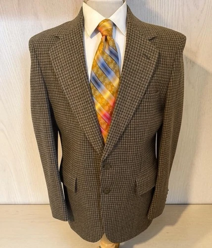 VTG Strathmore Tweed Wool Sport Coat Brown Green Houndstooth Jacket USA Made 38R