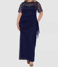 Xscape Women's Blue Chiffon Beaded Illusion-Trim Gown Dress Plus Size 14W