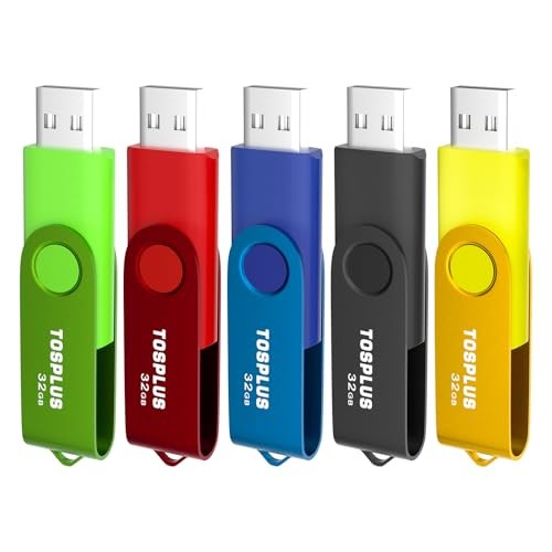 5 Pack 32GB USB 2.0 Flash Drives in Black Green Blue Red Gold Colors