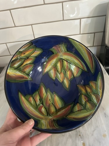 Stunning Hand Painted Blue Green Artichoke Centerpiece Bowl Signed EUC Italy - Picture 5 of 12